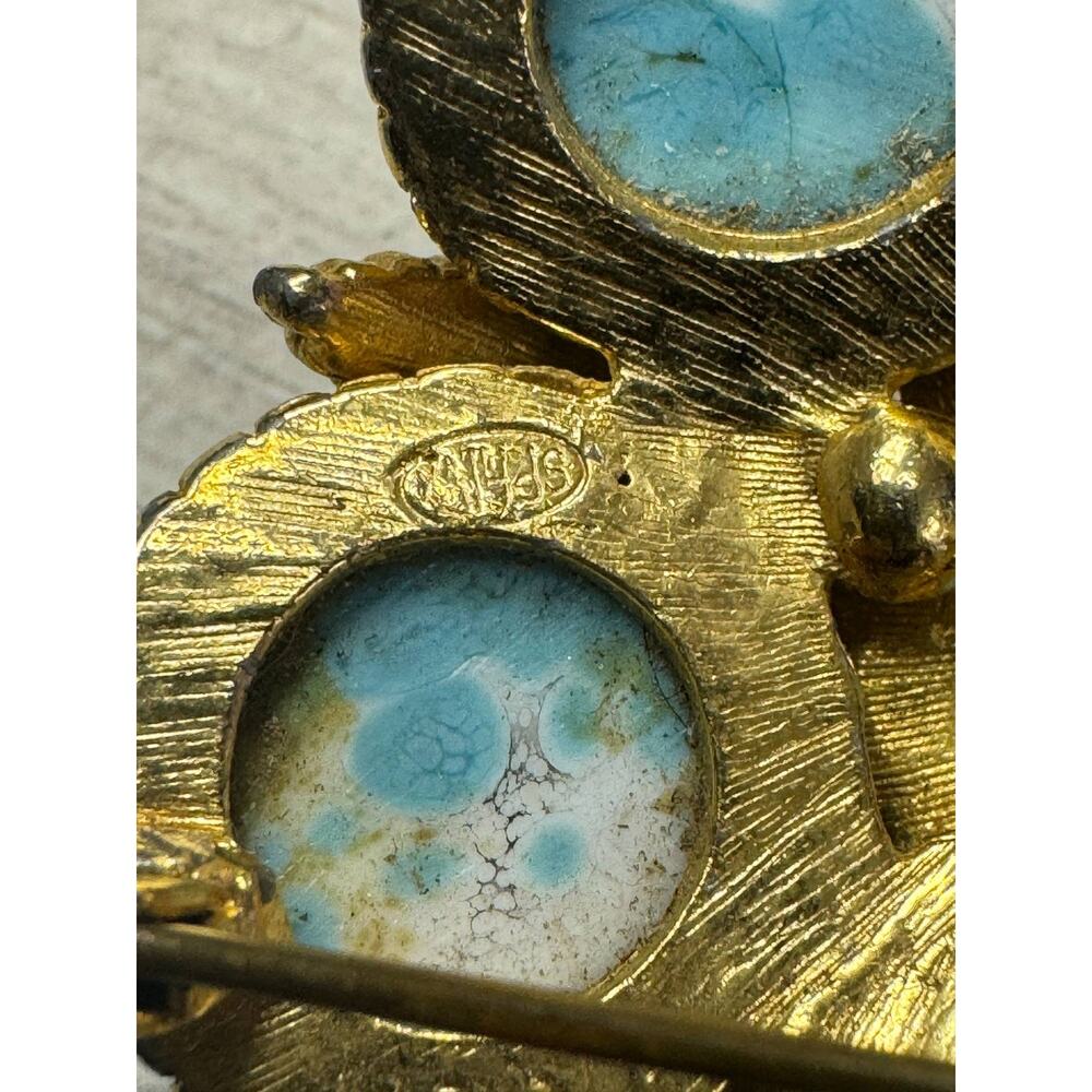 Vintage Cathe Gold Tone Faux Turquoise Cabochon Flower Brooch Pin USA Made - Picture 2 of 11